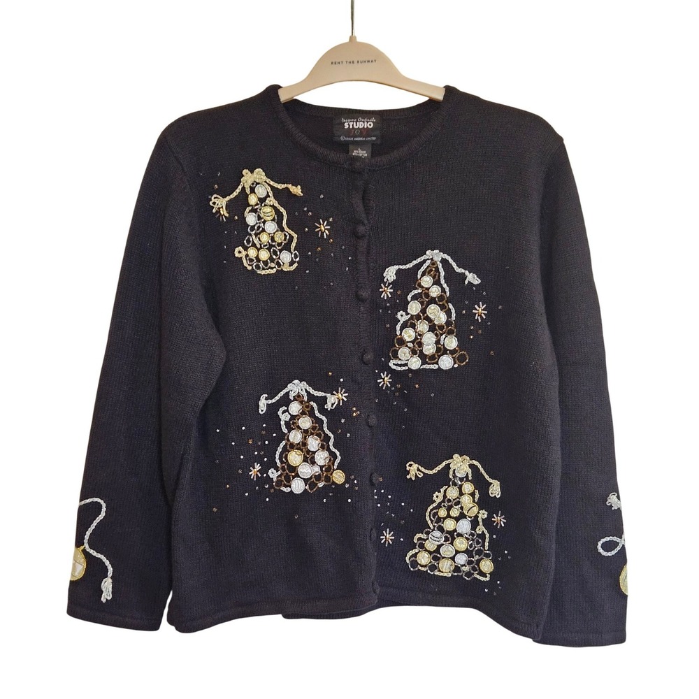 Designers Originals Studio Joy Black Beaded Christmas‎ Tree Cardigan Sweater L